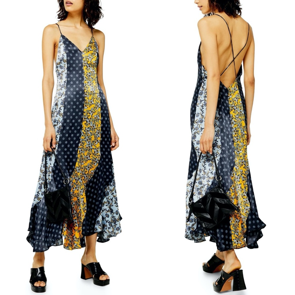 NEW TOPSHOP Godet Mixed Print Midi Slip DRESS US 8